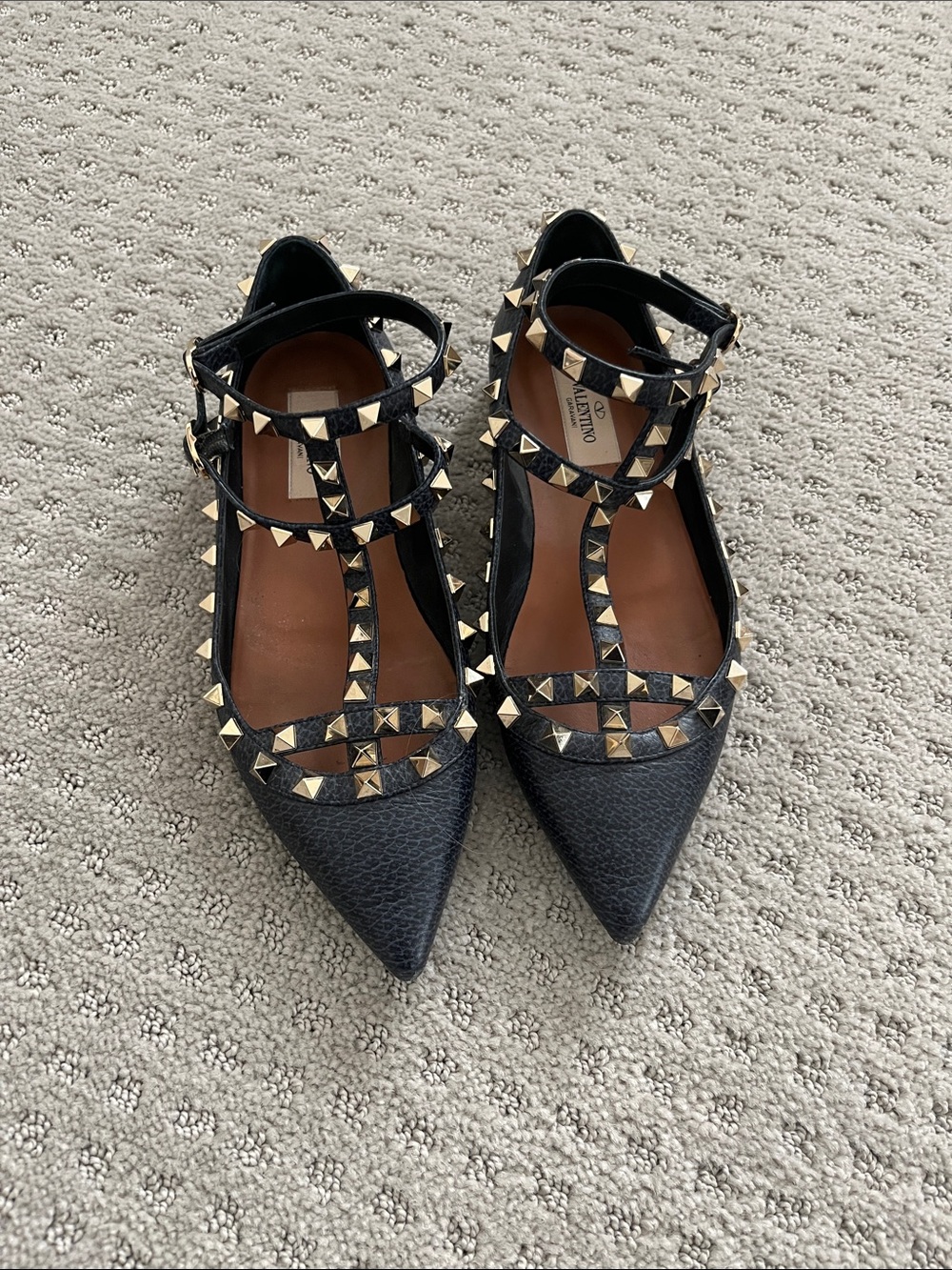 Valentino Navy Blue Leather Pointed Rockstud T-Strap Flats with Gold Studs